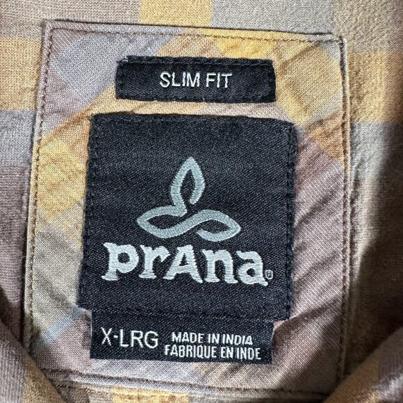 Prana Shirt Men Size XL Brown Plaid Short Sleeve Slim Fit Single Pocket EUC - Picture 6 of 8